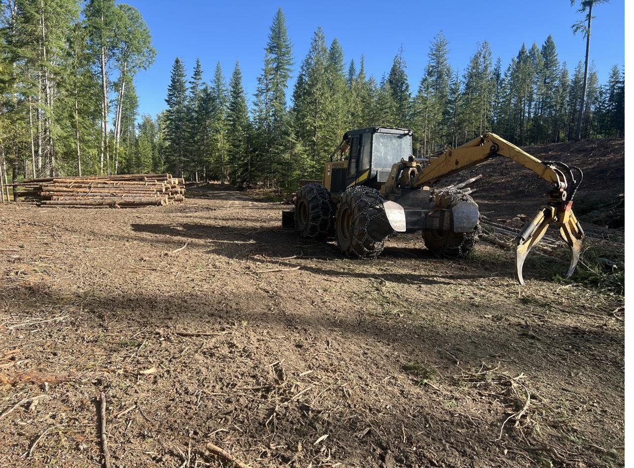 Logging operation with grapple skidder and timber stack