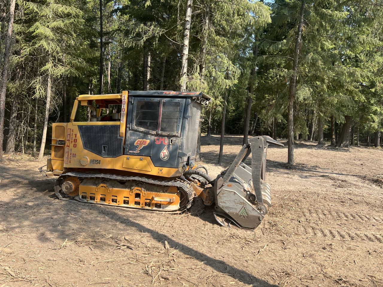Tracked forest masticator with mulcher head working in a North Idaho forest