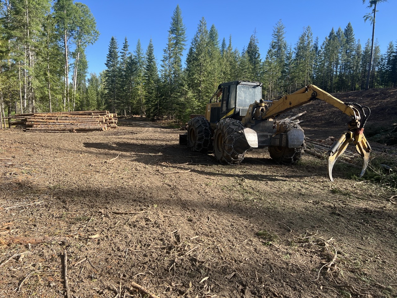 Logging operation with grapple skidder and timber stack